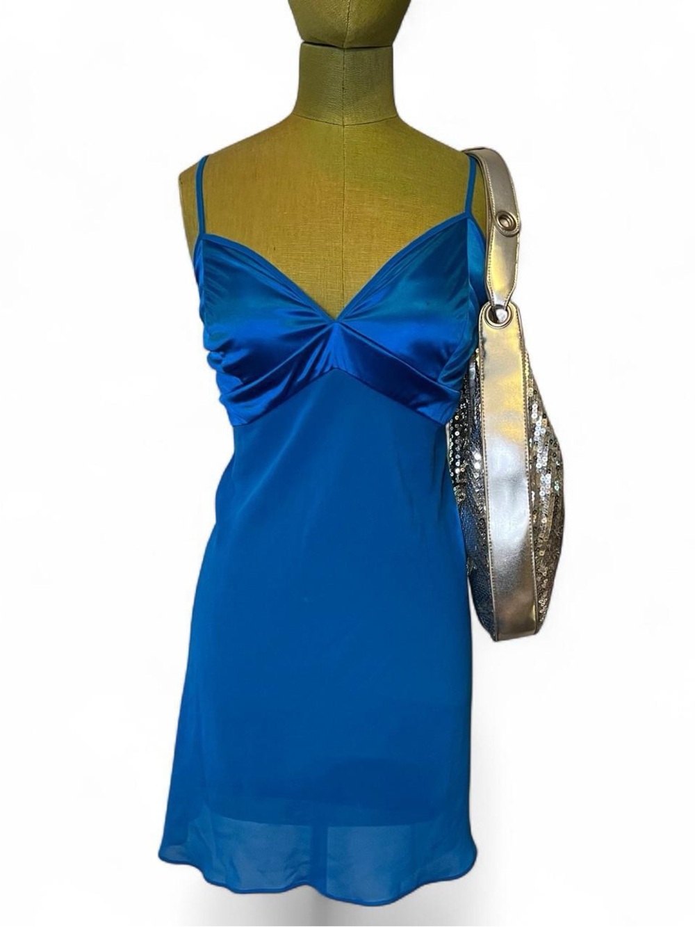Lane Bryant Size 14 Cobalt Blue Satin Y2K Cami Slip Dress Sheer Overlay
